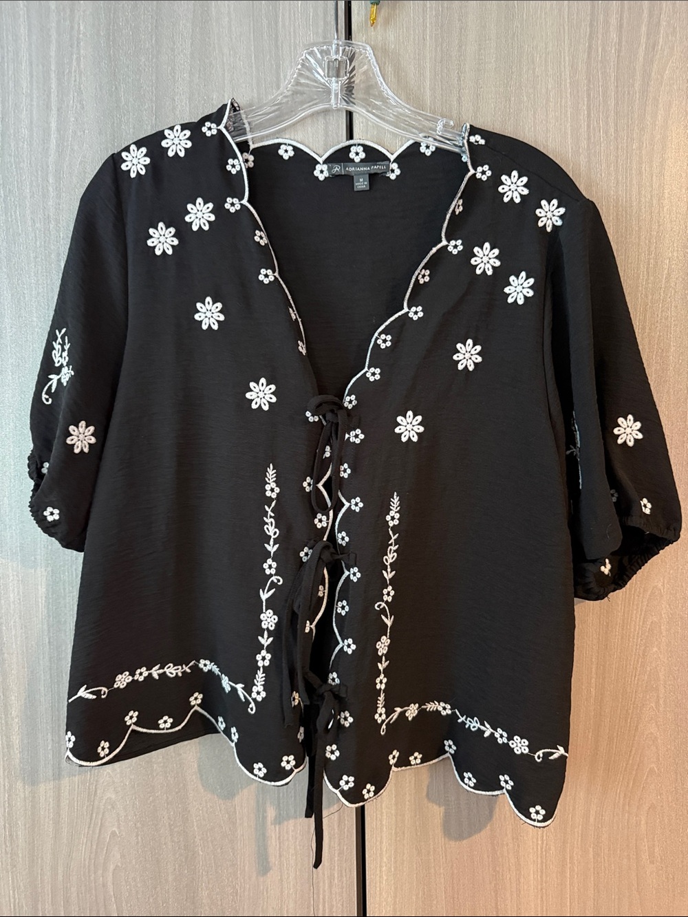 Adrianna Papell Black Sleeveless Top with White Floral Scallop Trim